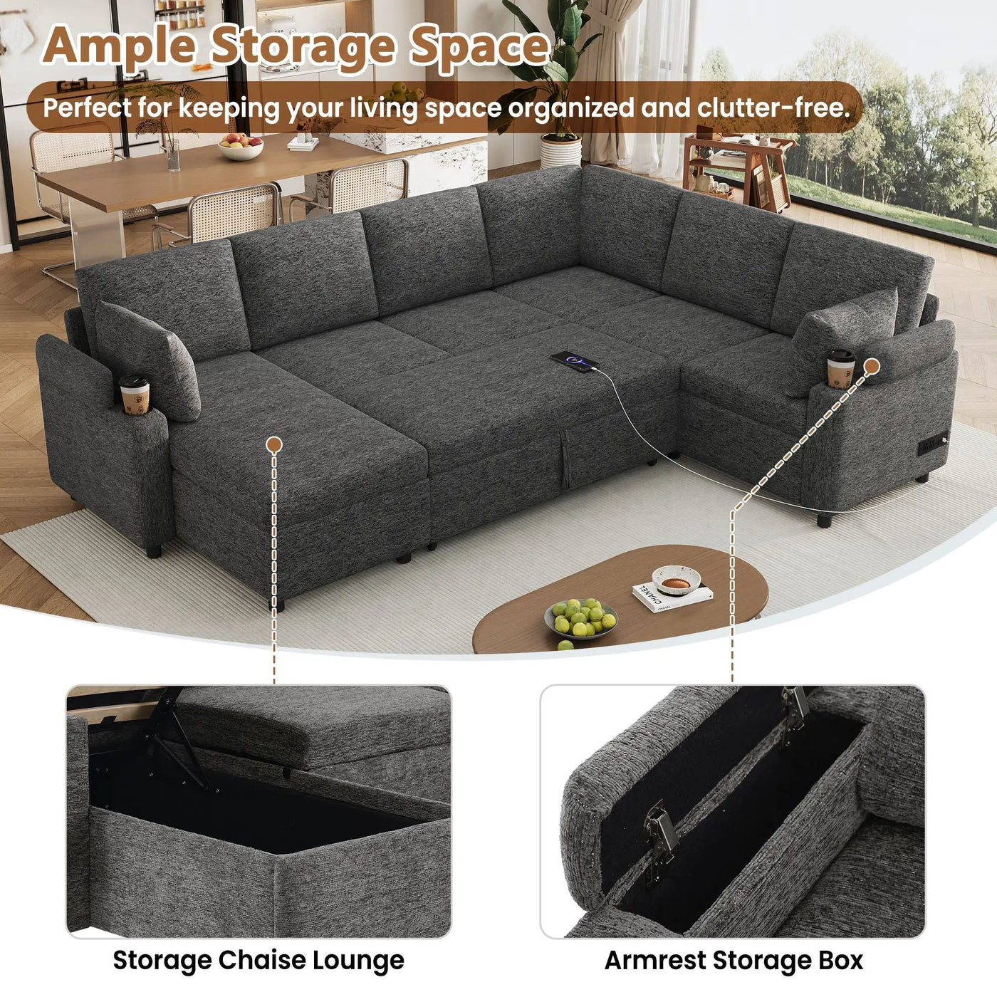 U-Shaped Sectional Sleeper Sofa With Ample Storage Space, 2 Cup Holders And Charging Ports For Living Room by HouseOfZazla