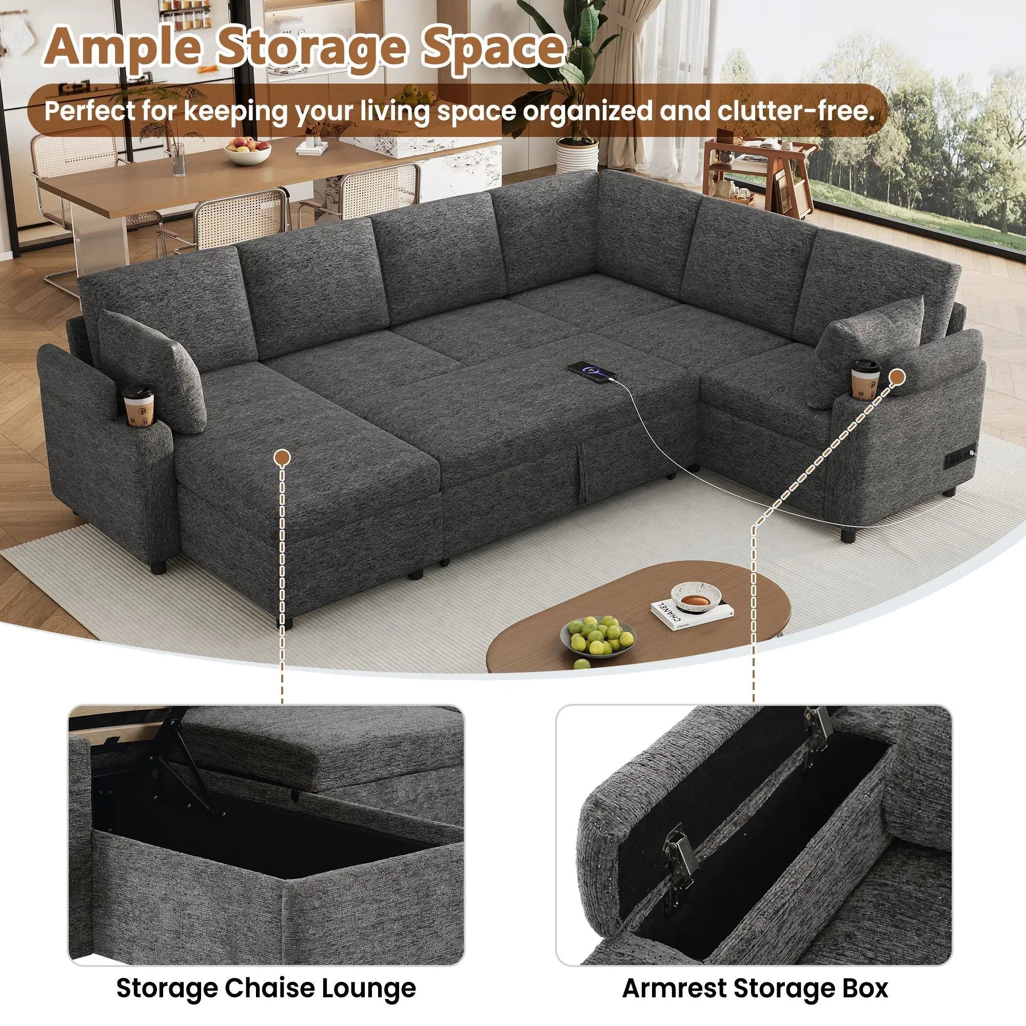 U-Shaped Sectional Sleeper Sofa With Ample Storage Space, 2 Cup Holders And Charging Ports For Living Room by HouseOfZazla