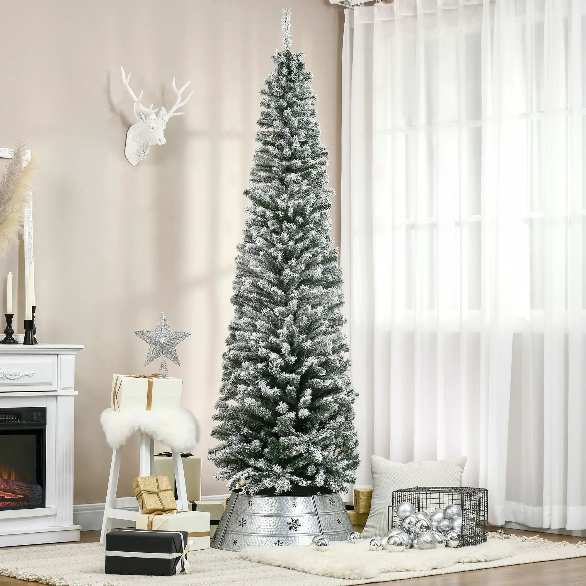 HOMCOM 7.5' Tall Unlit Snow-Flocked Slim Artificial Christmas Tree by HouseOfZazla