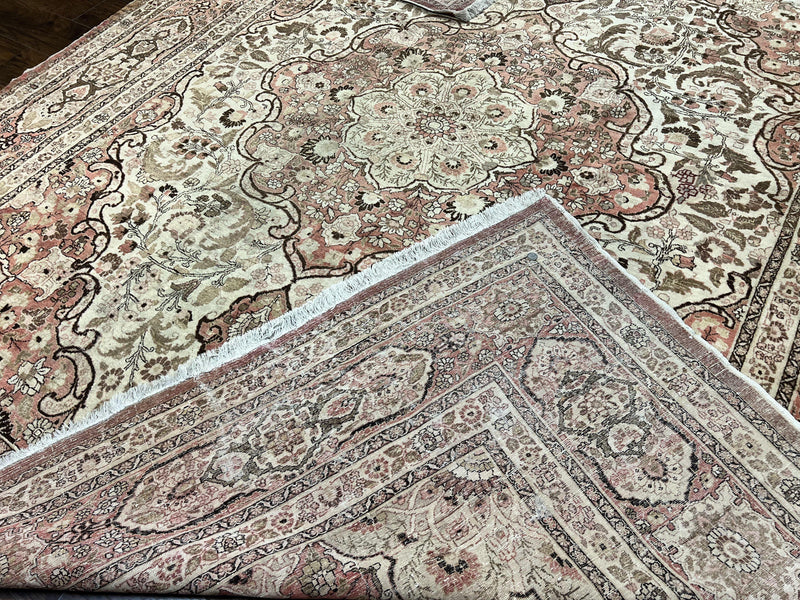 Antique Persian Tabriz Rug 10x12, Wool Hand Knotted Oriental Carpet, Beige Light Red, Floral Medallion by Jewel Rugs