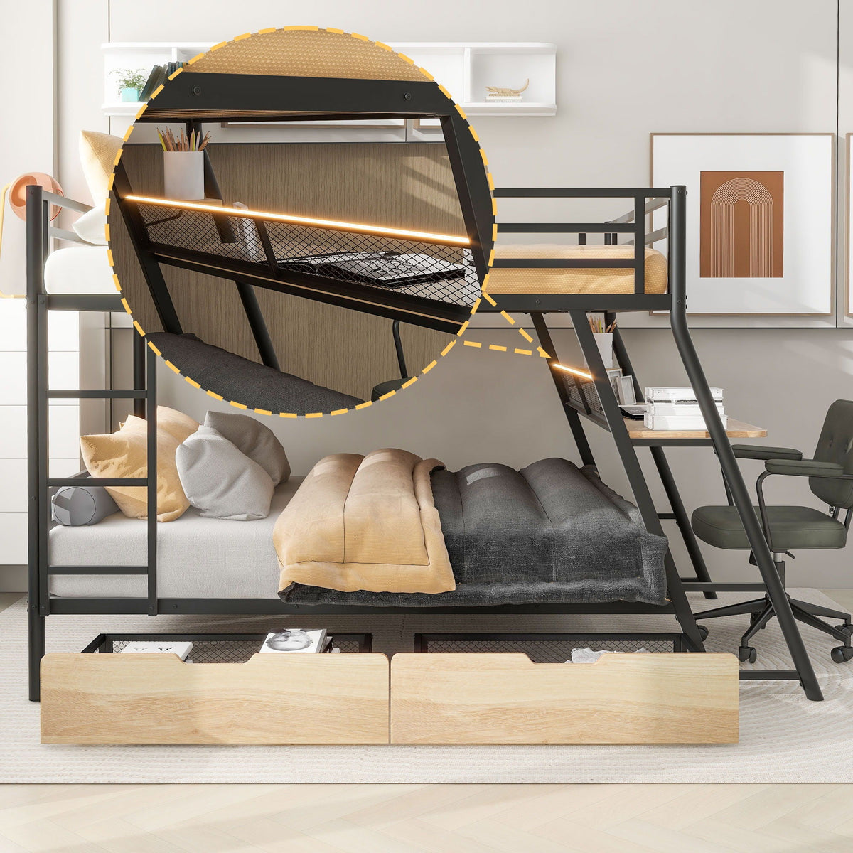 Full Size Bunk Bed with Built-In Desk, Light & 2 Drawers - Black, photo 3 of 20
