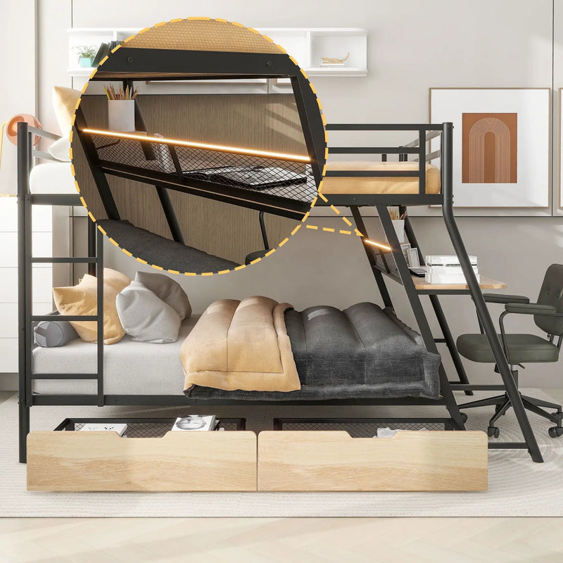 Full Size Bunk Bed With Built In Desk, Light, And 2 Drawers - Black by HouseOfZazla