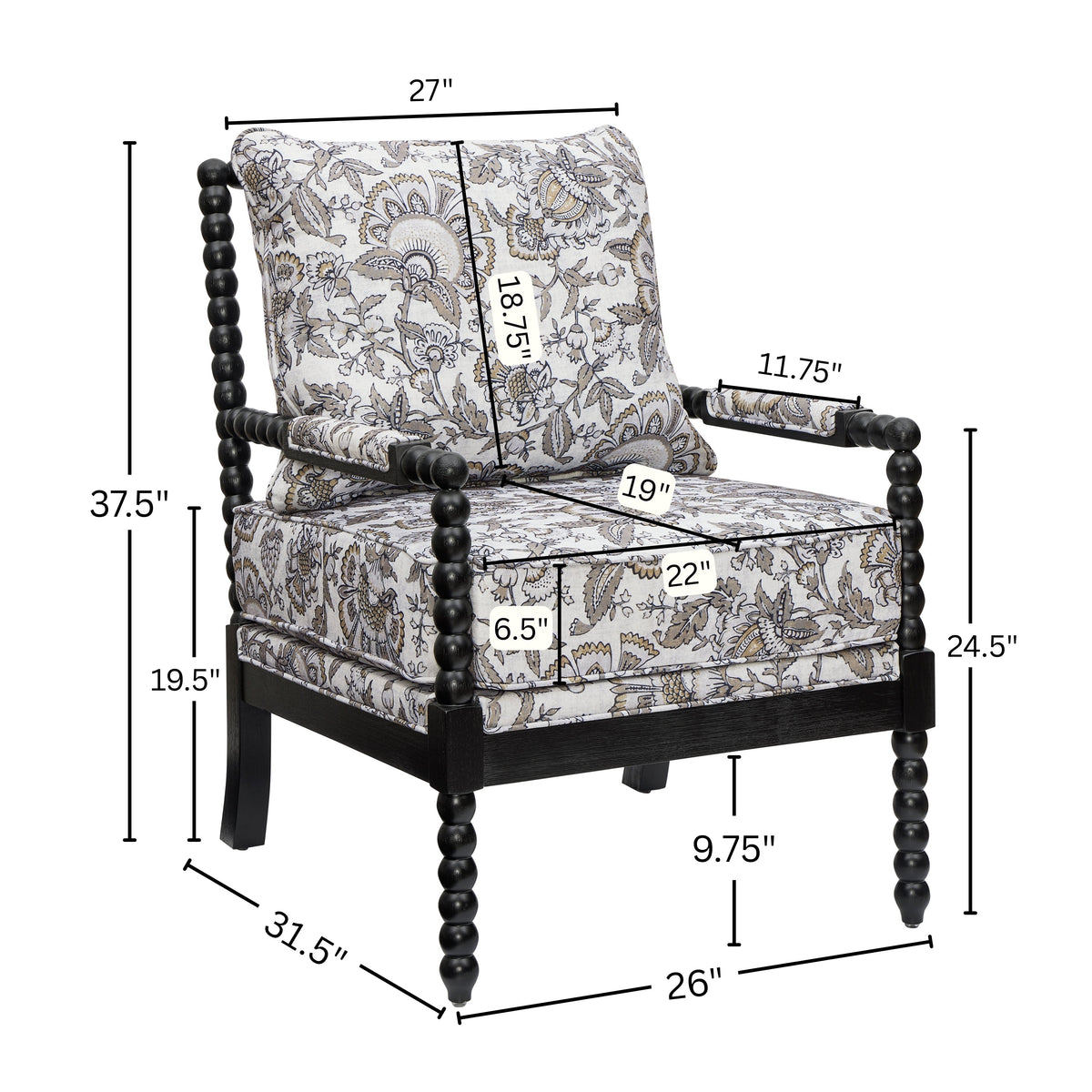 Belvoir Upholstered Spool Accent Chair with Turned Wood Frame - Floral, photo 8 of 8