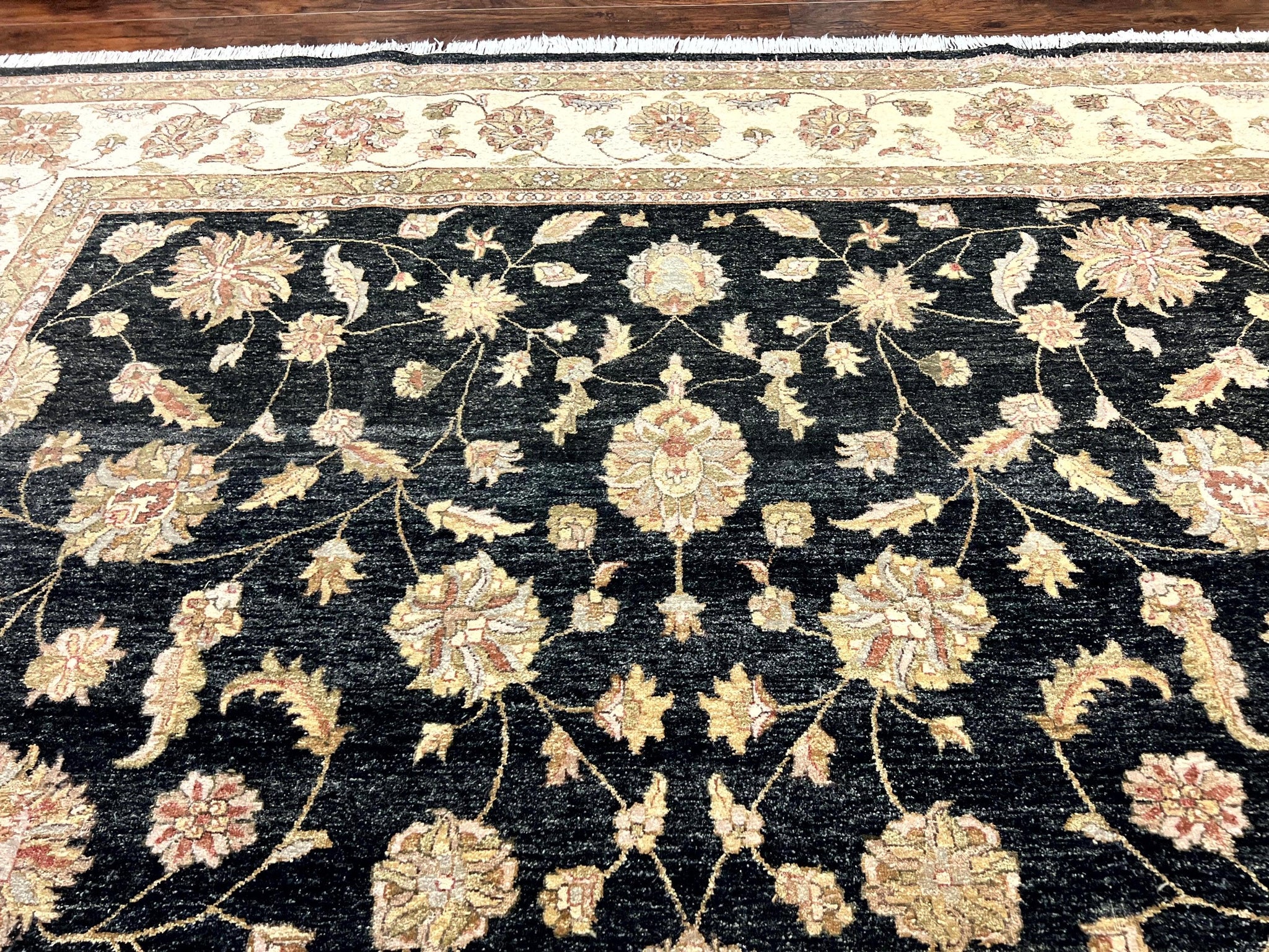 Indo Persian Rug 10x14, Charcoal and Beige, Floral Allover, Handmade Vintage Wool Carpet by Jewel Rugs