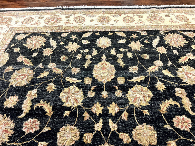 Indo Persian Rug 10x14, Charcoal and Beige, Floral Allover, Handmade Vintage Wool Carpet by Jewel Rugs