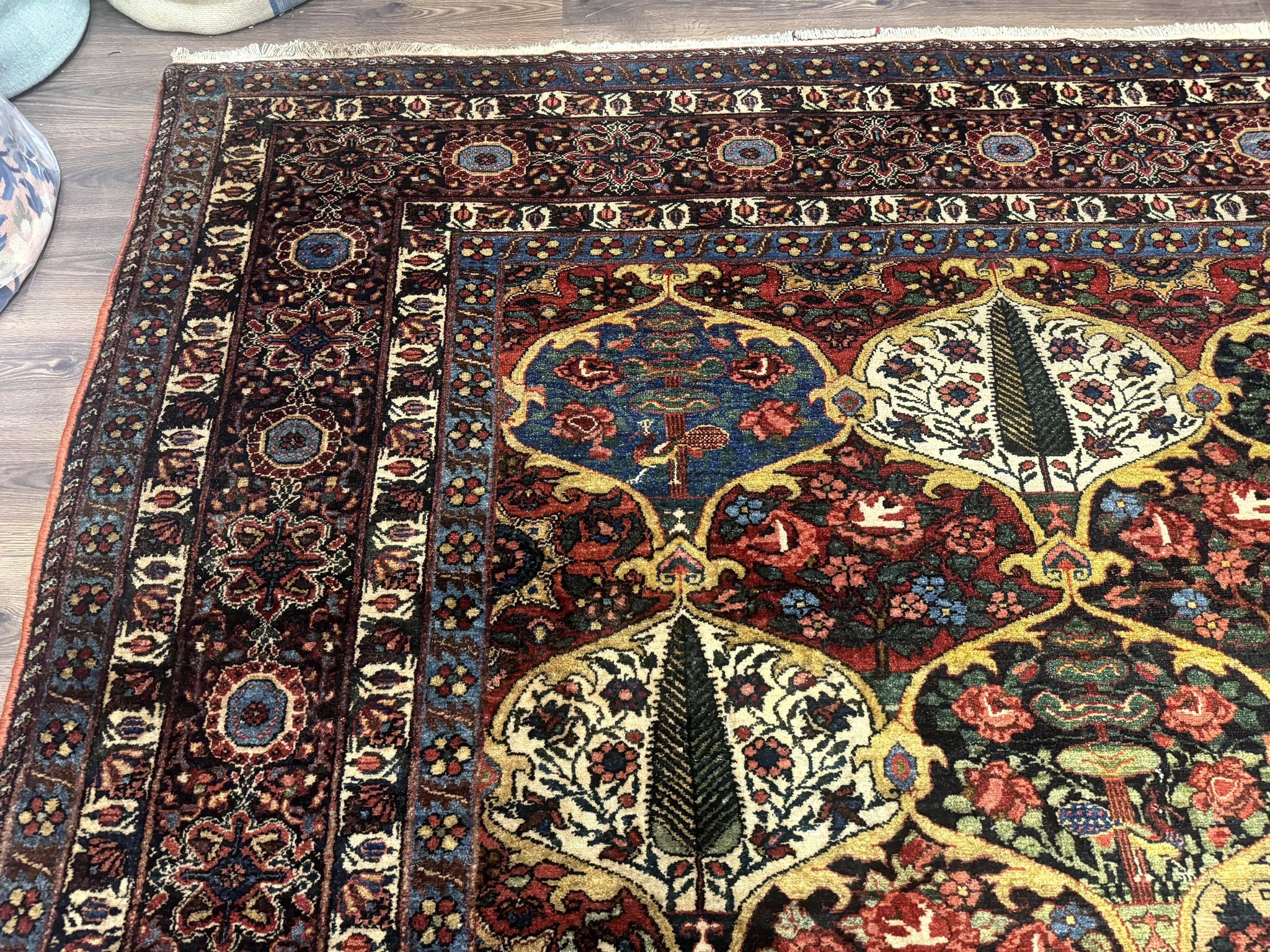 Antique Persian Bakhtiari Rug 12x19, Palace Size Wool Handmade Persian Carpet, Oversized Rug, Panel Design, Peacocks, Multicolor, Rare by Jewel Rugs