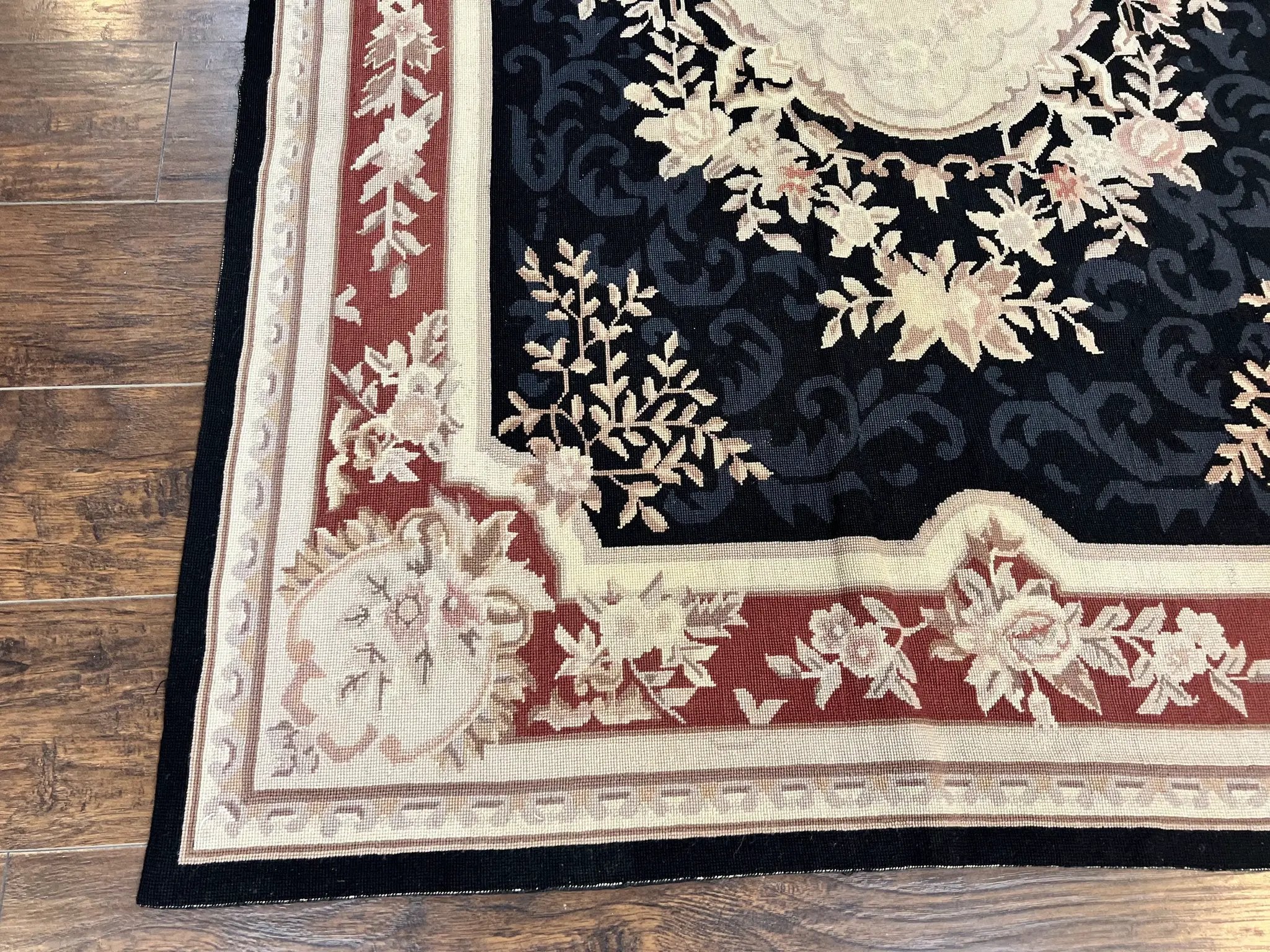 Needlepoint Rug 5x8, Wool Handmade Vintage European Design Carpet, Black & Maroon, French Aubusson Pattern Flatweave Rug by Jewel Rugs