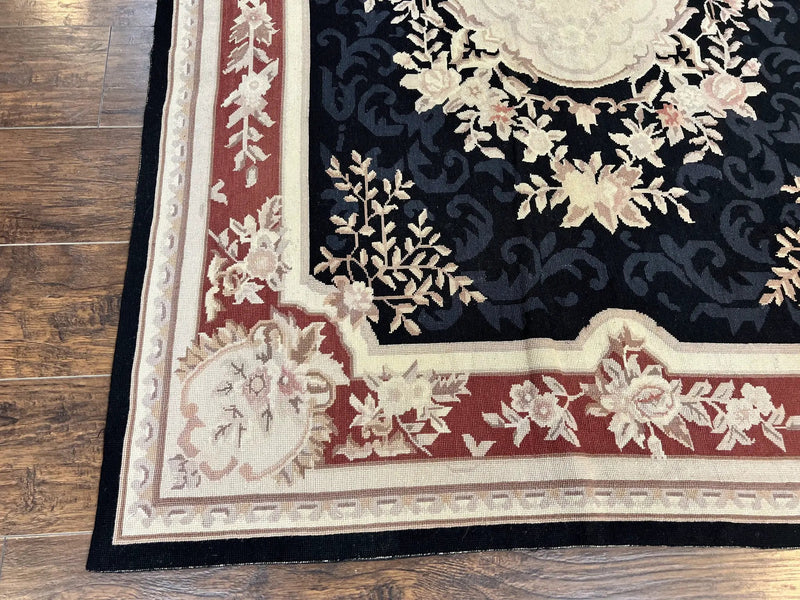 Needlepoint Rug 5x8, Wool Handmade Vintage European Design Carpet, Black & Maroon, French Aubusson Pattern Flatweave Rug by Jewel Rugs