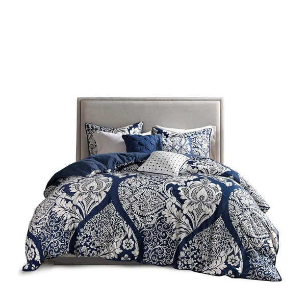 7 Piece Cotton Printed Comforter Set Indigo King