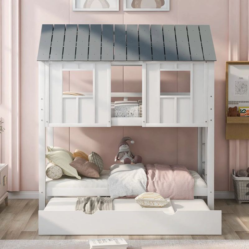 Twin Size House Bunk Bed With Trundle, Roof And Windows - White / Gray by Unique Piece Furniture