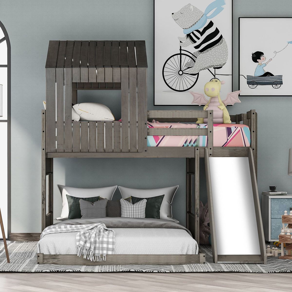Loft Bunk Bed With Playhouse, Slide, and Guardrails - Twin Over Full, photo 9 of 40