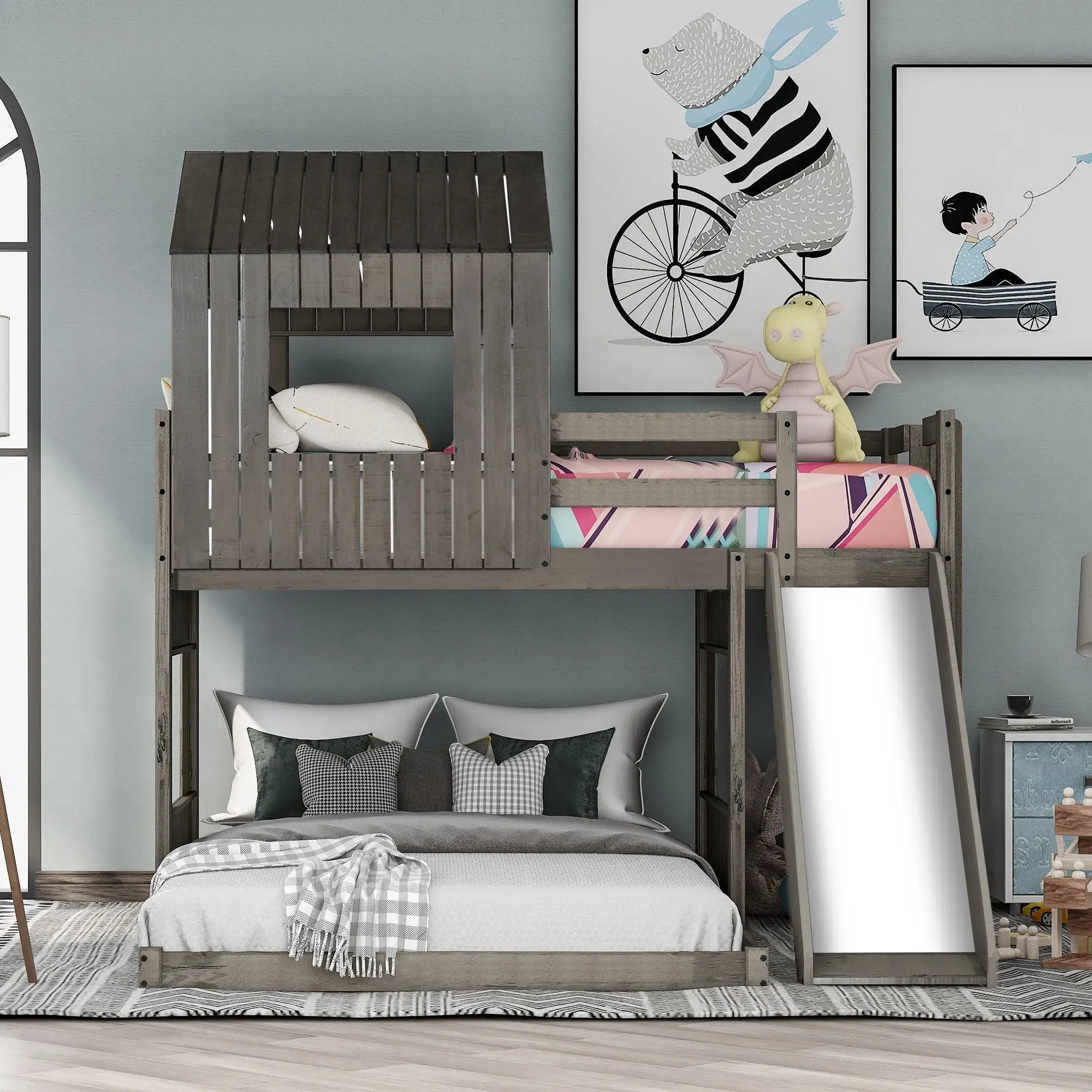 Loft Bunk Bed With Playhouse, Farmhouse, Ladder, Slide And Guardrails by Unique Piece Furniture