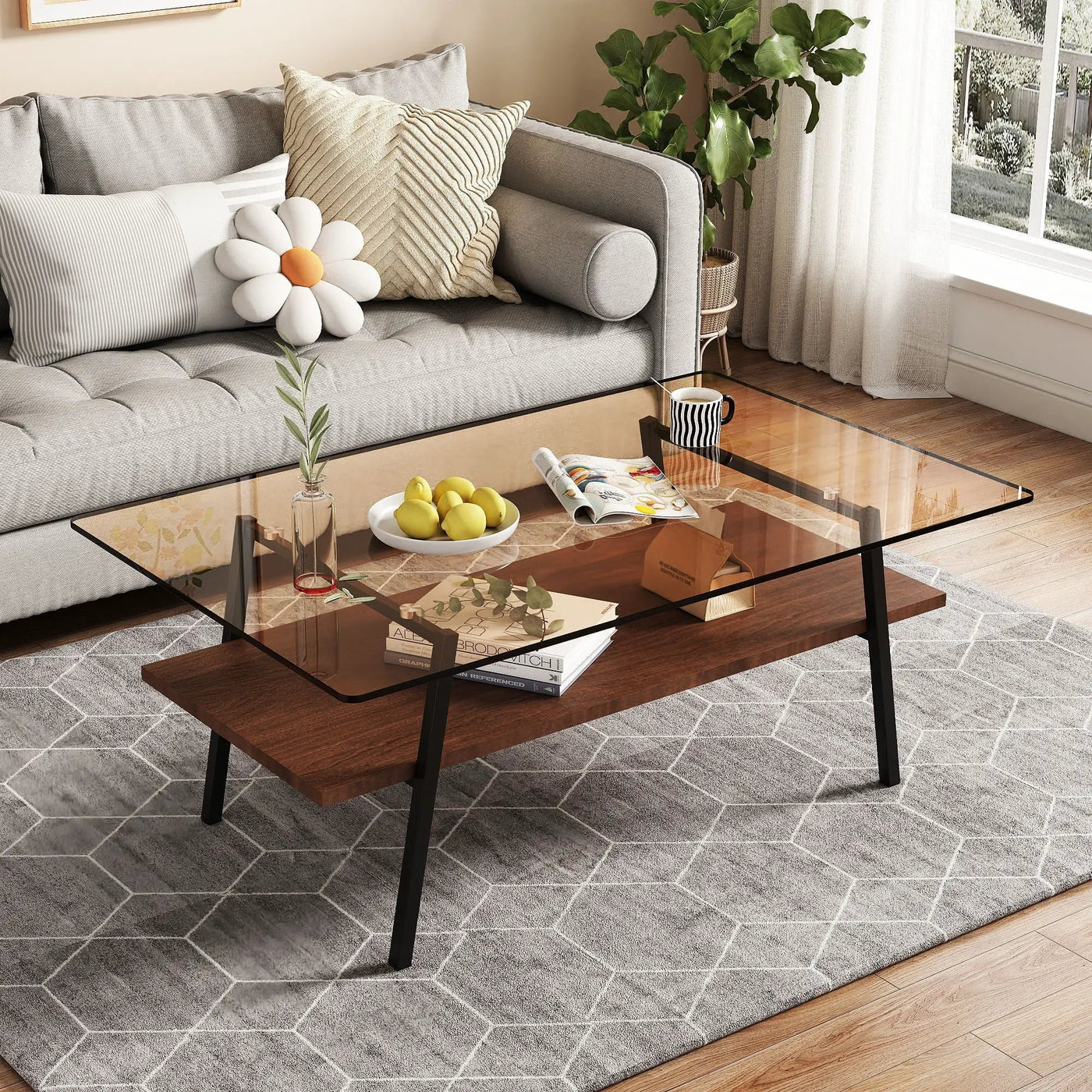 Rectangle Coffee Table, Tempered Glass Tabletop Modern Table For Living Room by HouseOfZazla