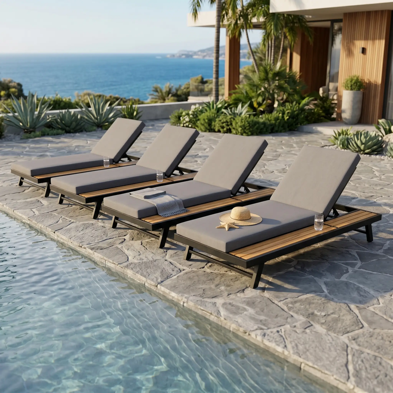 Black Iron + Teak Finish Chaise Lounge Set with Dark Grey Cushion by HouseOfZazla