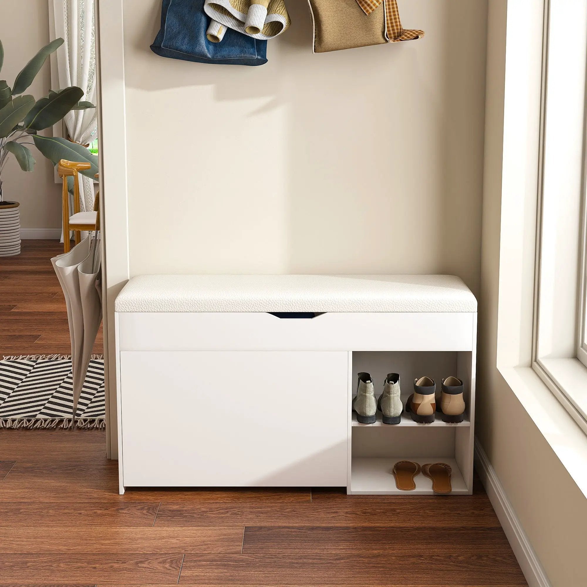 Modern Design Entryway Bench With Adjustable 3 Tier Flip-Up Drawers And Hidden Cabinet - White by Unique Piece Furniture