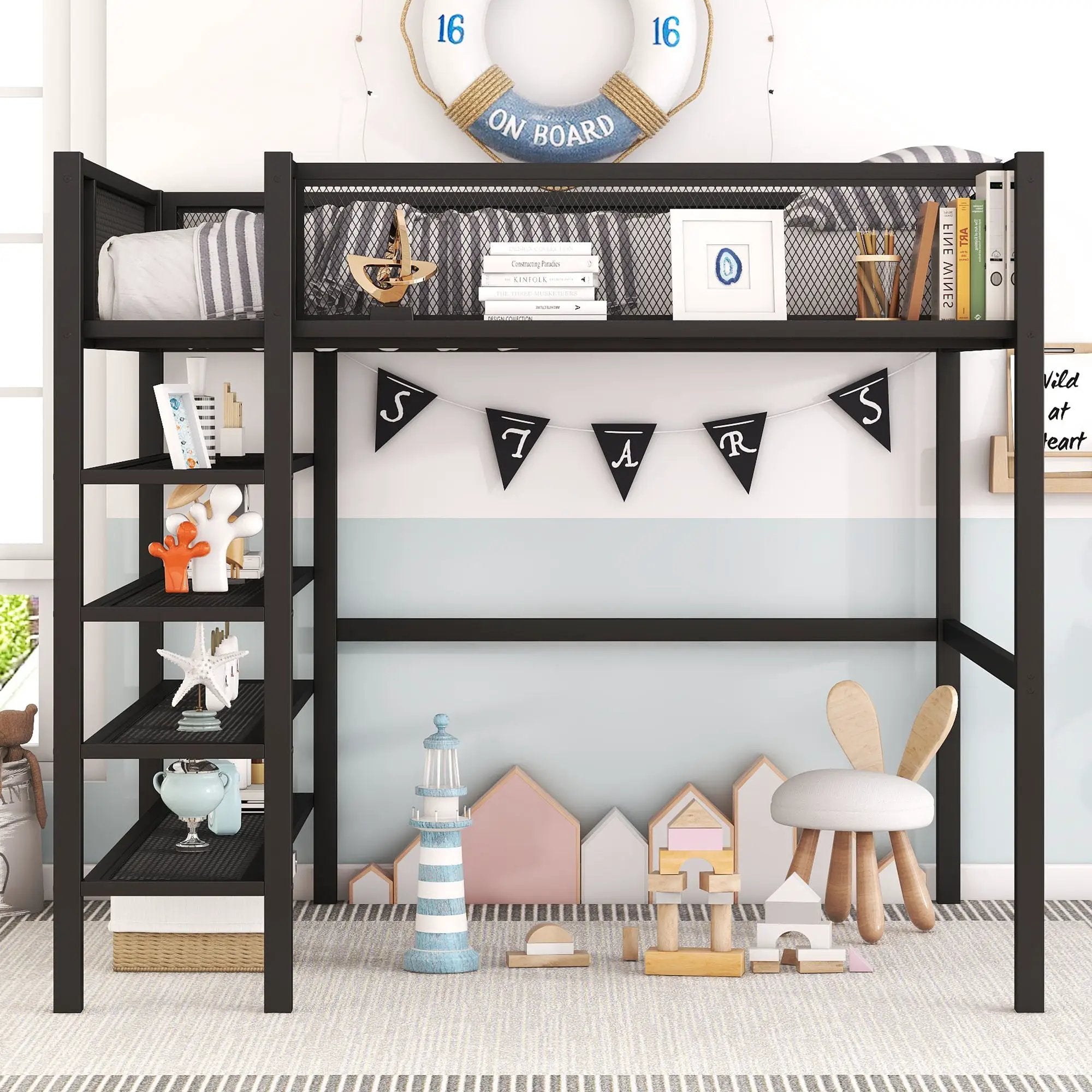 Loft Bed With 4 Tier Shelves And Storage by HouseOfZazla
