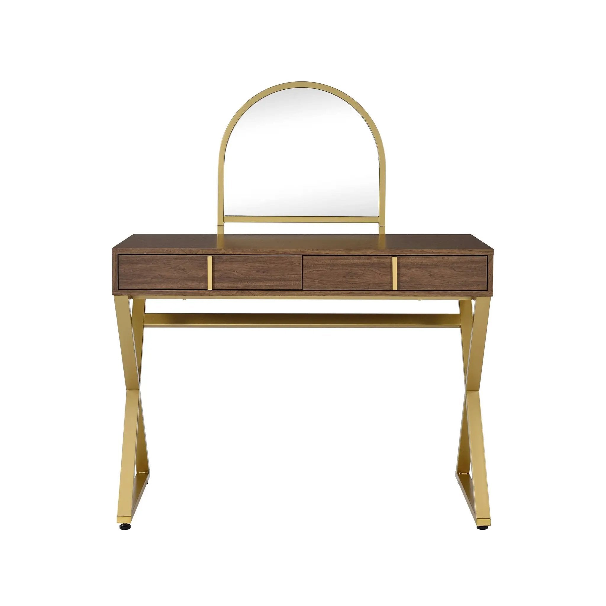 Coleen Walnut & Gold Finish Vanity Desk with Mirror & Jewelry Tray by HouseOfZazla
