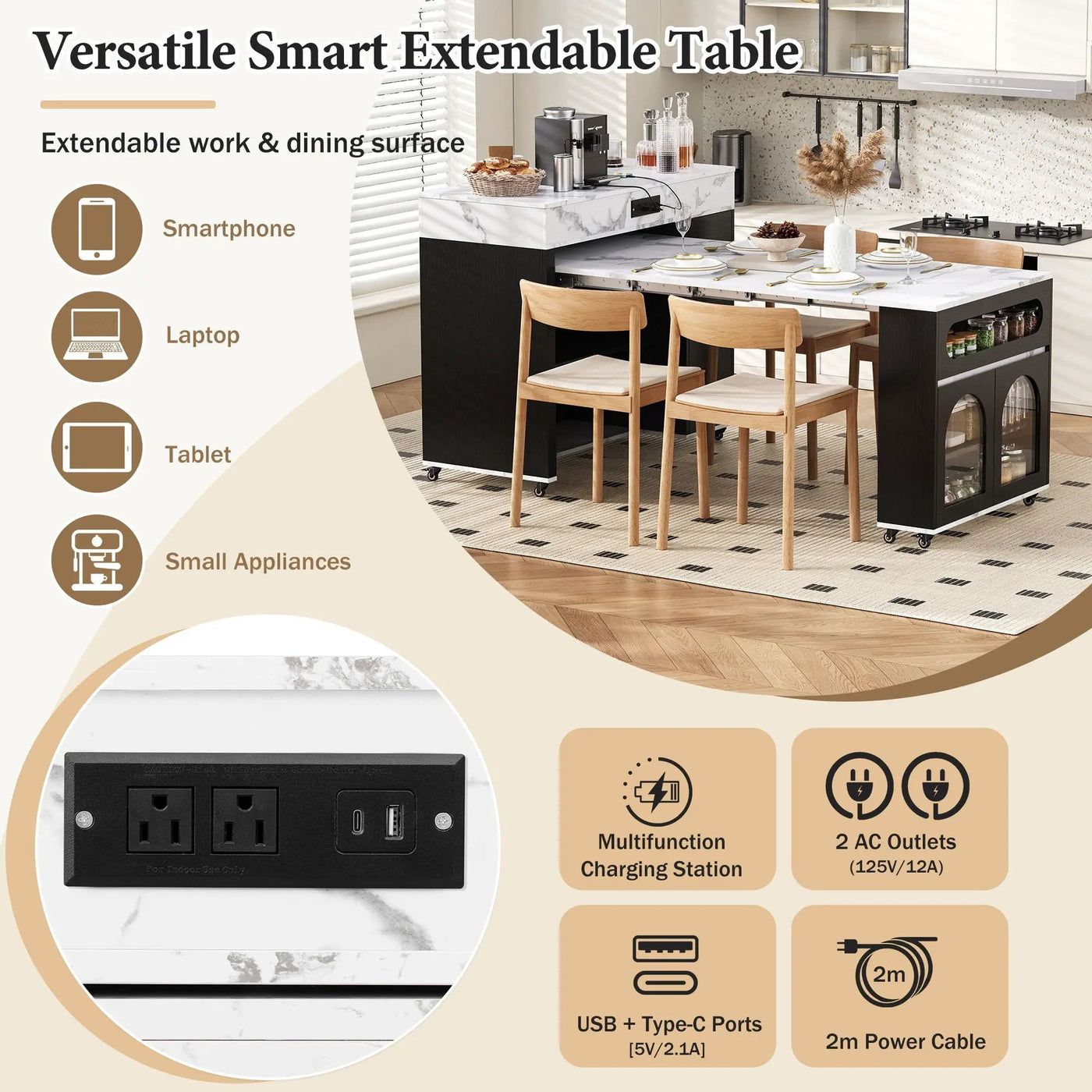 Extendable Dining Table With Folding Top, Rolling Kitchen Island With Drawers And Power Outlet by HouseOfZazla