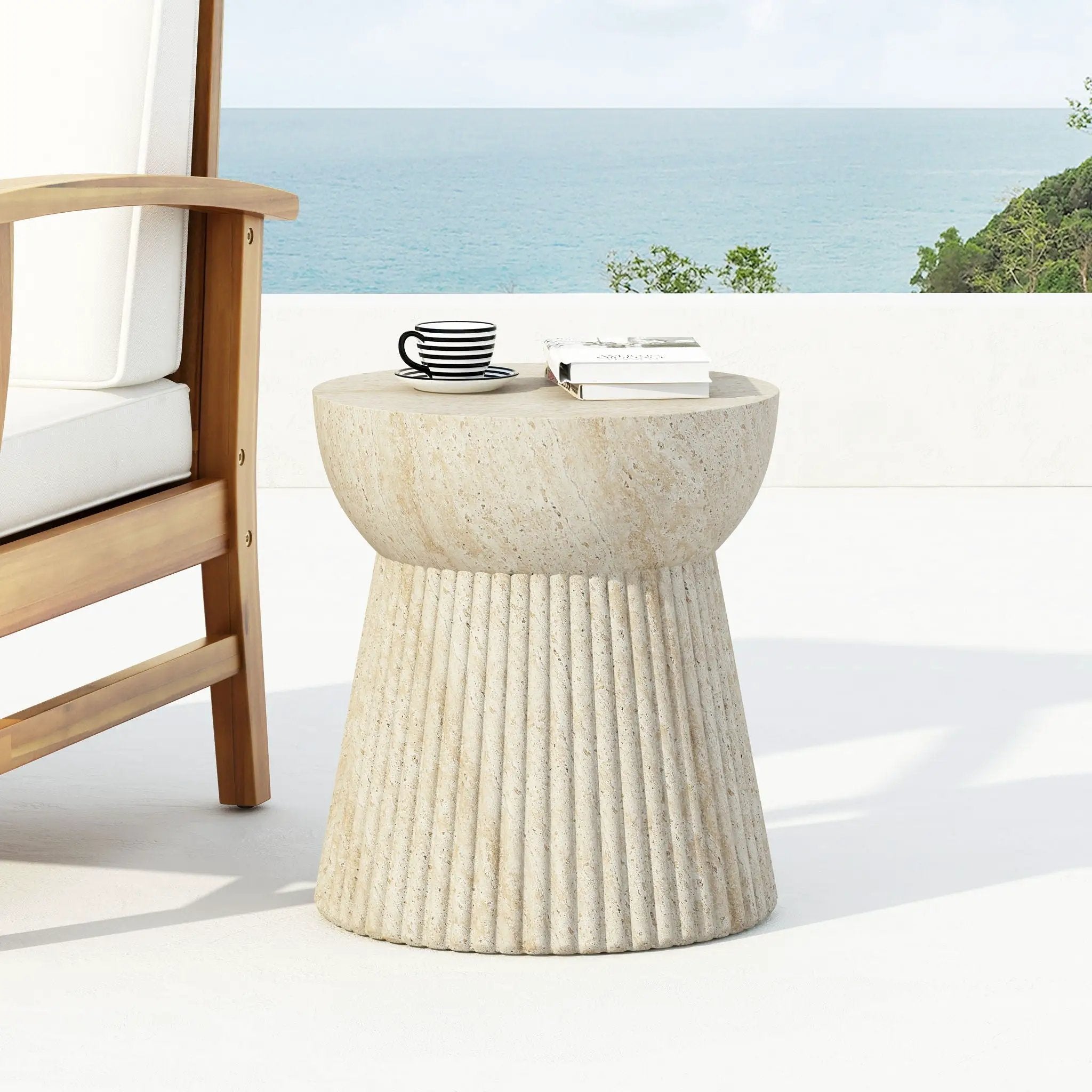 Outdoor Travertine Concrete Side Table - Beige by HouseOfZazla