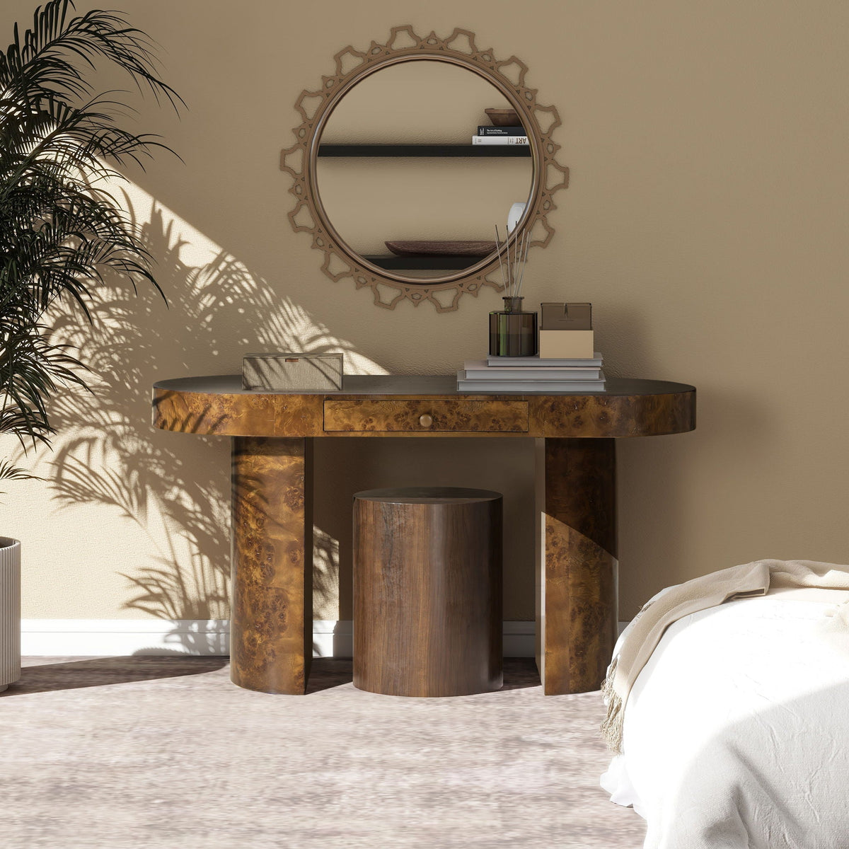Oval Computer Desk with Single Drawer - Burl Wood Veneer, Light or Dark Brown, photo 3 of 19
