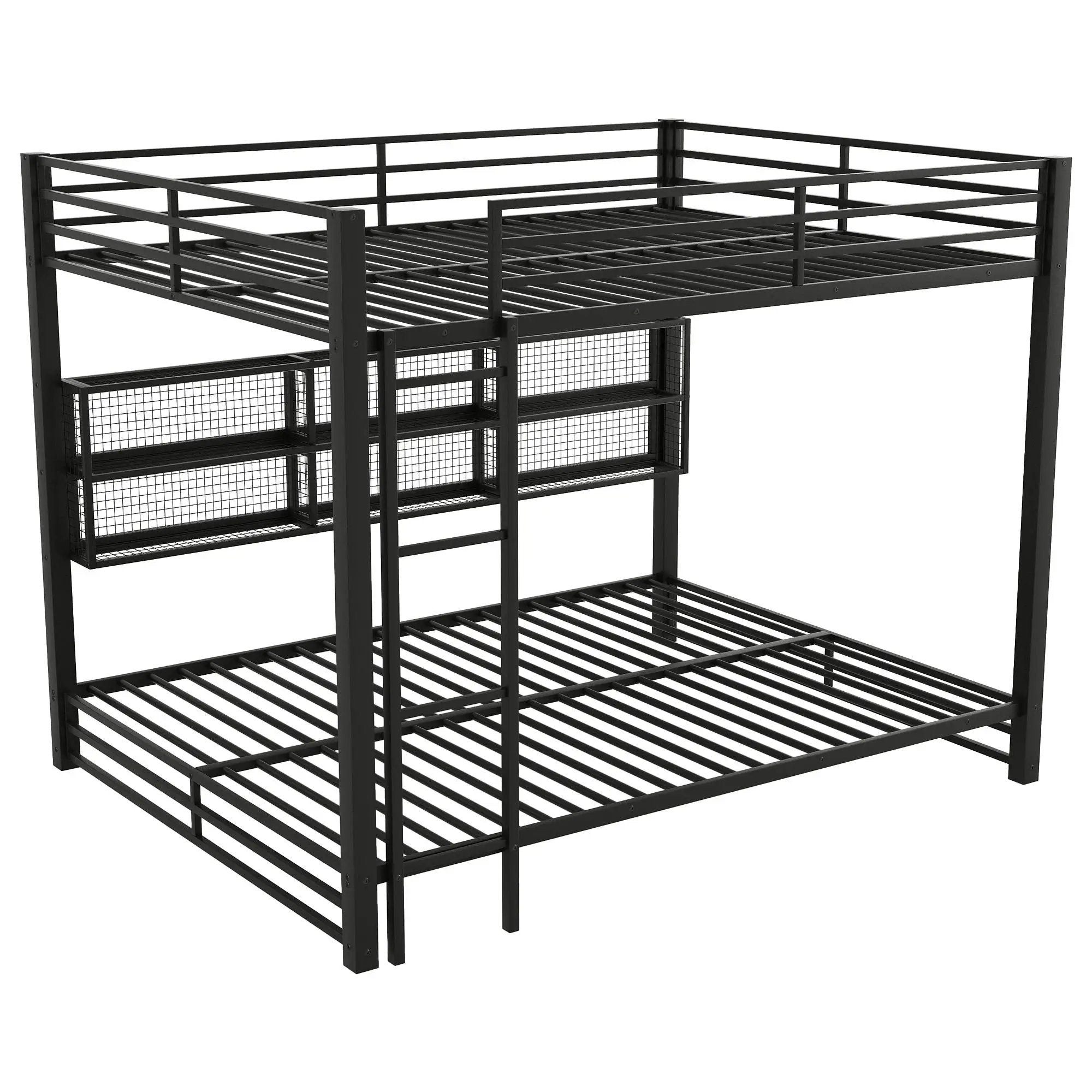 Queen Over Queen Bunk Bed With Storage Cabinets And LED Sturdy Frame, 6 Storage Units, Adjustable LED Lights - Black by HouseOfZazla