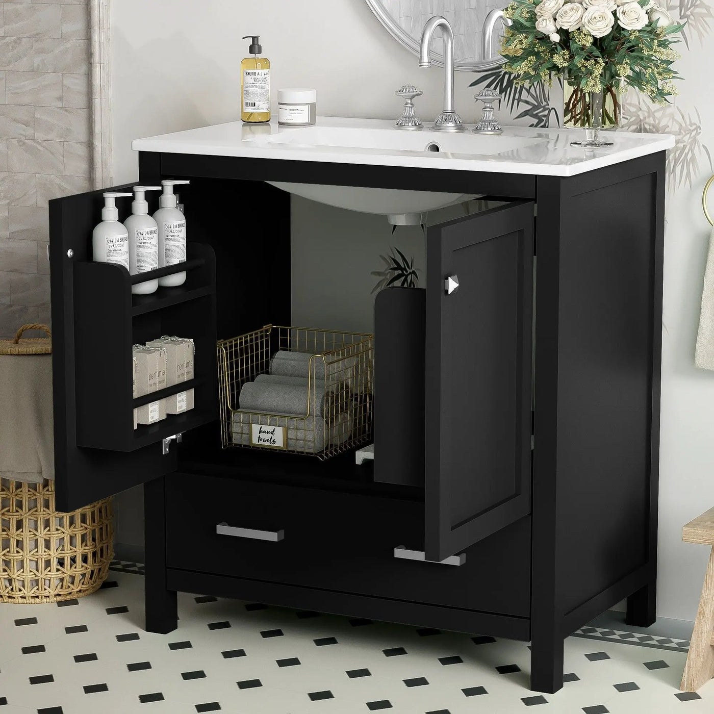 Bathroom Vanity With Single Sink, Combo Cabinet Undermount Sink, Bathroom Storage Cabinet With Two Doors And A Drawer, Soft Closing, Multifunctional Storage, Solid Wood Frame by Unique Piece Furniture