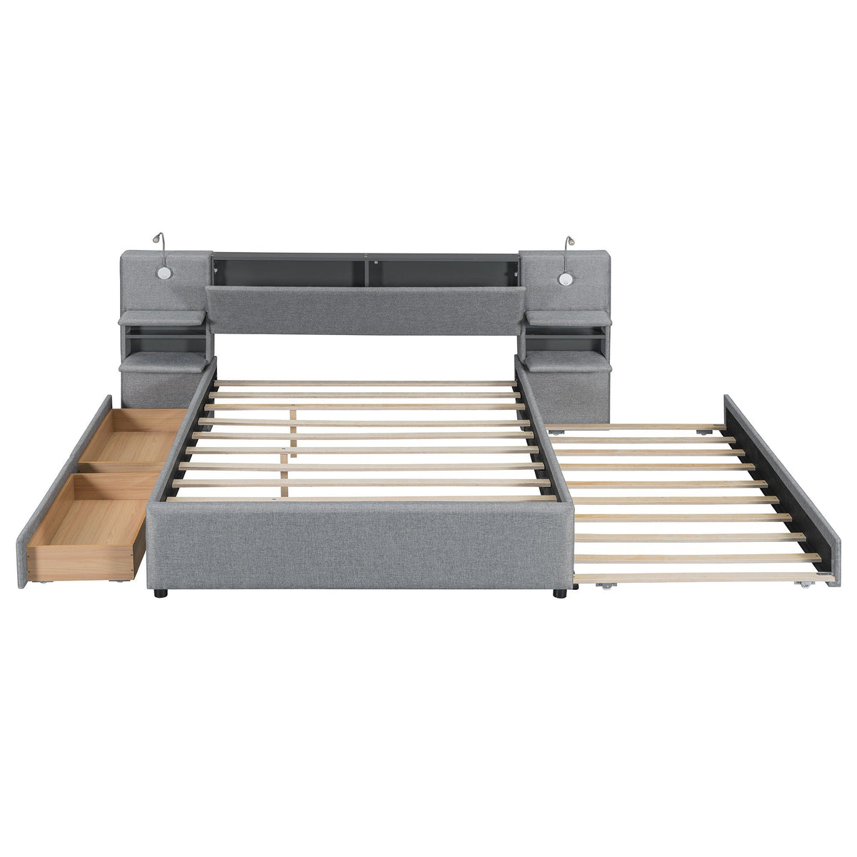 Upholstered Platform Bed With Reading Lights, Drawers, Trundle And Shelves, photo 4 of 14