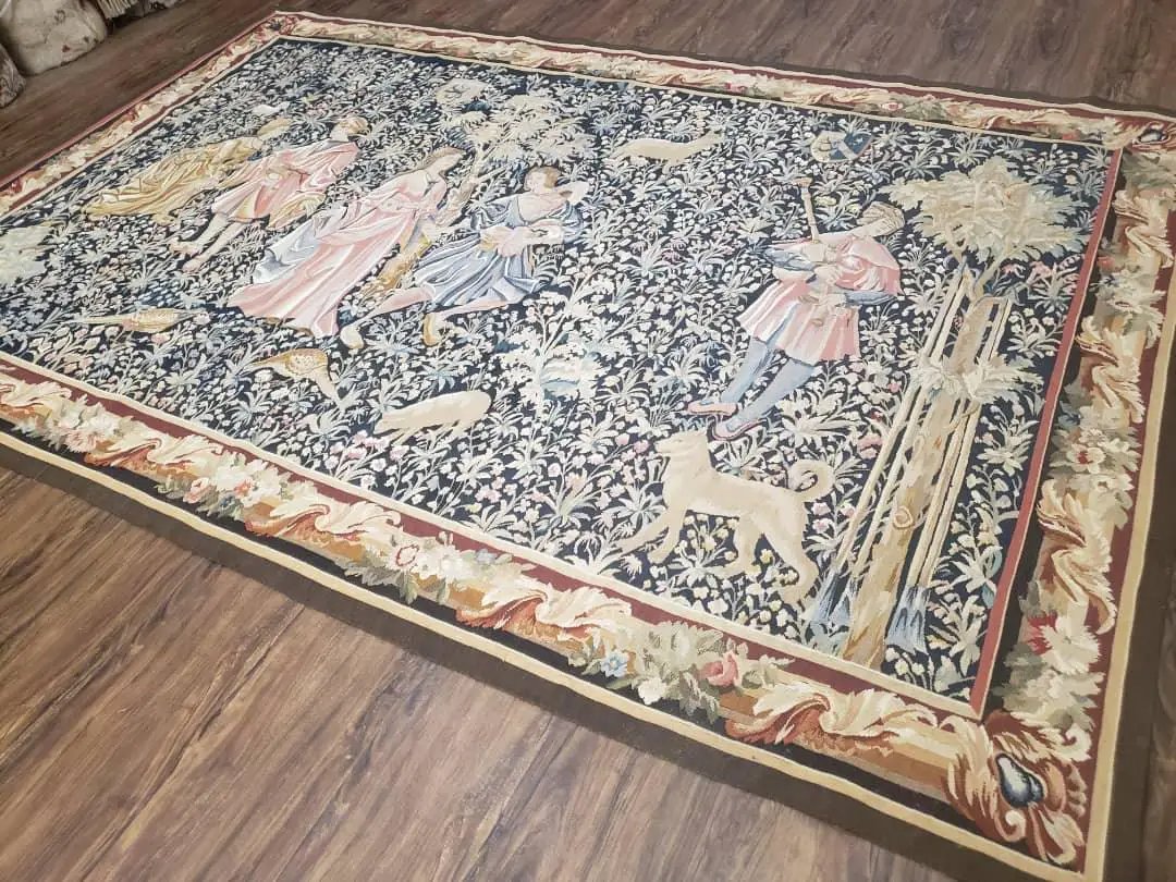 Vintage European Tapestry 5.4 x 7.11, Antique Style European Wall Hanging, Aubusson Weave Handmade Tapestry, Courtship Dating Scene, Animals by Jewel Rugs