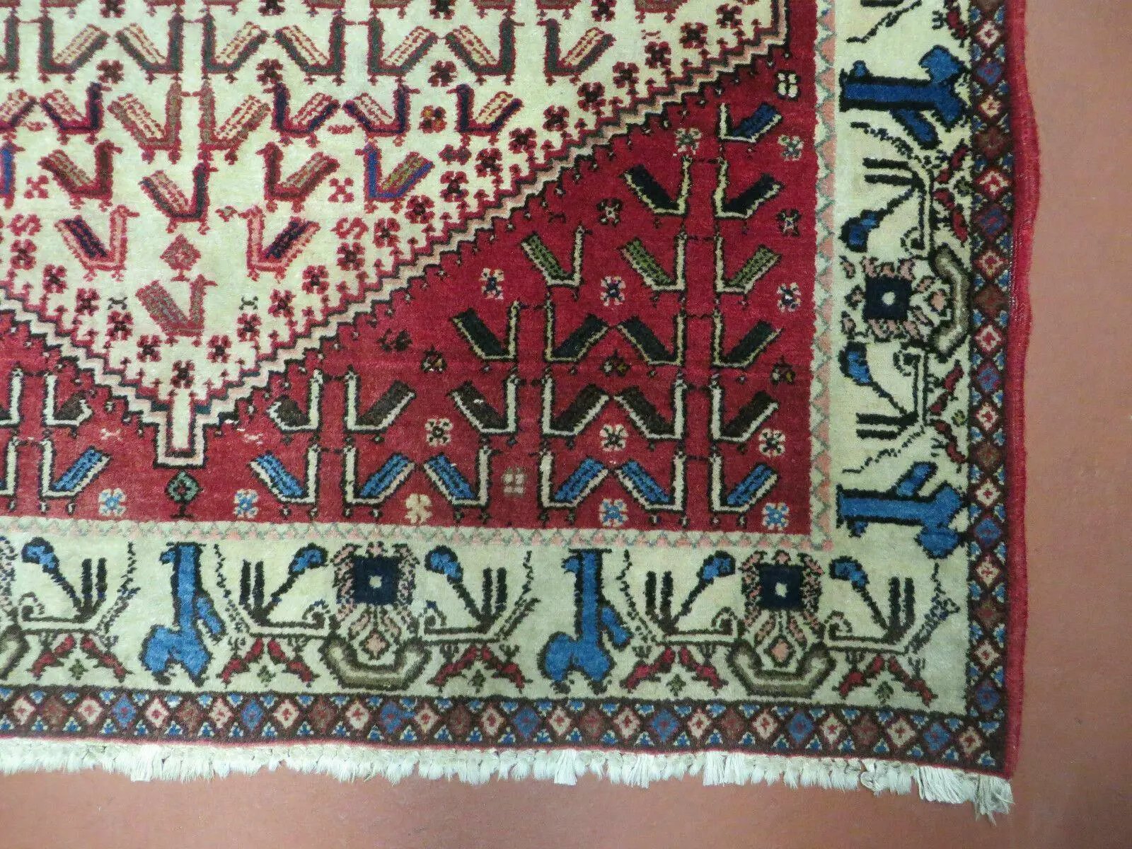 3' X 5' Vintage Handmade India Geometric Oriental Wool Rug Nice Birds Ivory Red by Jewel Rugs
