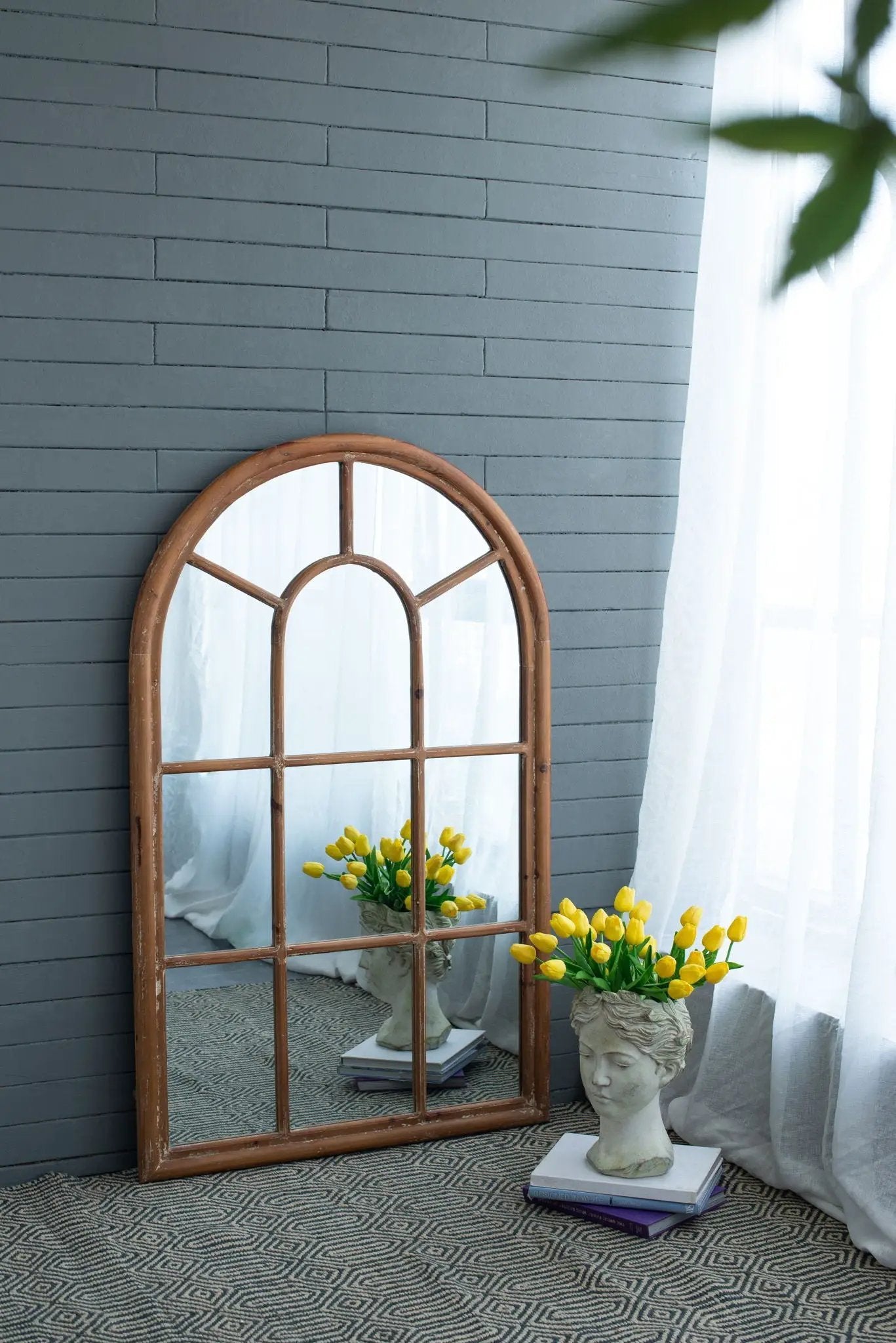 Large Arched Accent Mirror With Frame With Decorative Window Look Classic Architecture Style Solid Fir Wood Interior Decor - Brown by HouseOfZazla