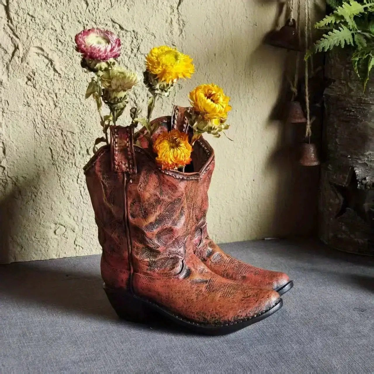 1pc American Country Creative Western Cowboy Boot Resin Flower Pot Ornament Vase for Balcony Garden Decoration by House Of Avana