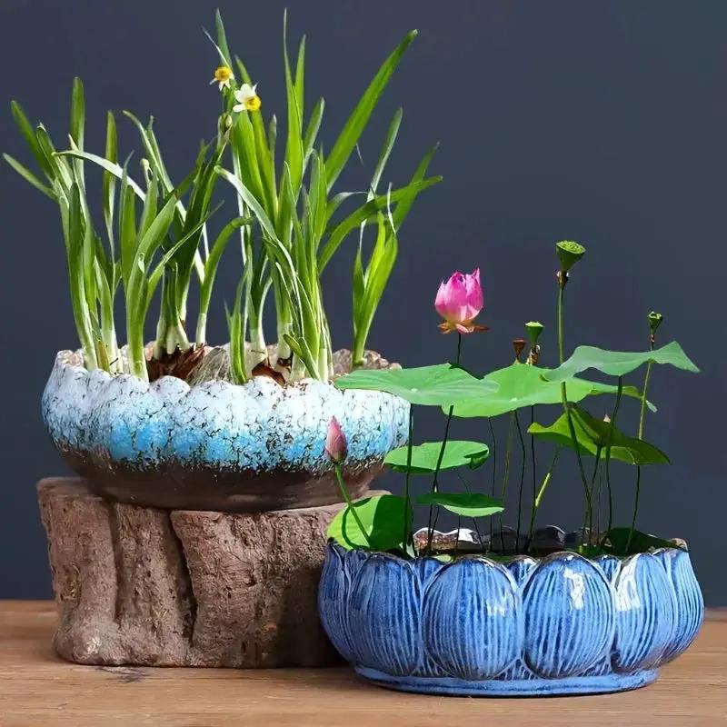 1pc Casual Style Ceramic Flower Pot, Round Tabletop Hydroponic Planter, for Bulbs, Succulents, and Lotus, Indoor and Outdoor Decorative Pot with No Drainage Hole by House Of Avana