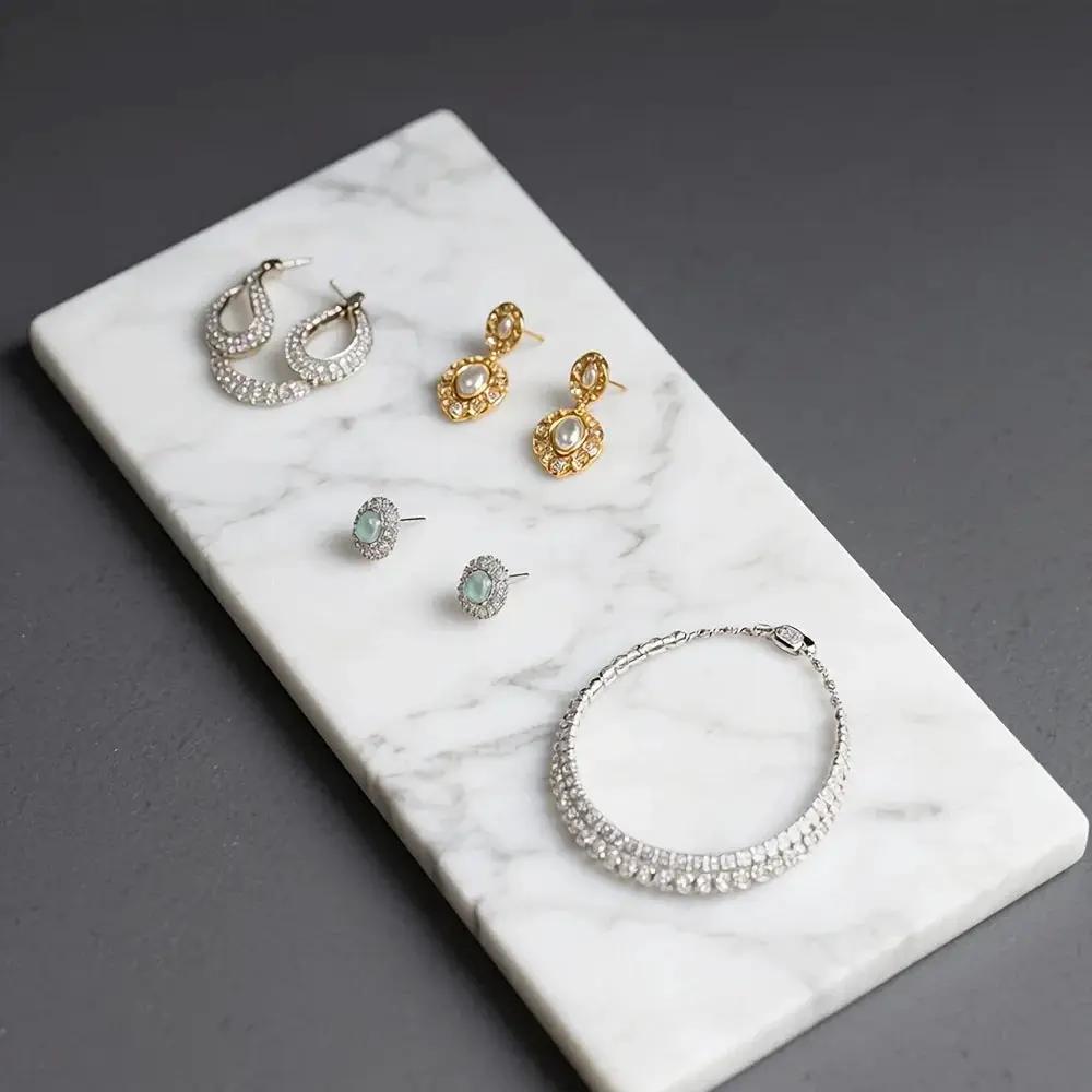 1pc Elegant White Marble Rectangular Tray - Modern Polished Stone Decorative Tray for Vanity, Bathroom, Kitchen | Versatile Home Accessory for Cosmetics, Jewelry, Floral Arrangements | No Batteries Needed, Bathroom Decor, Bes by House Of Avana