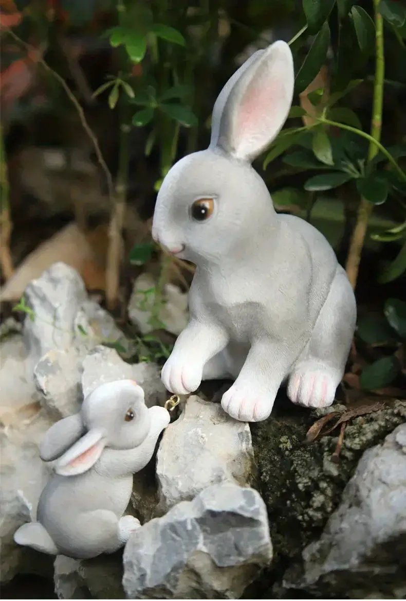 [1pc Funny Easter Bunny] 1pc Funny Easter Bunny Rabbit Mama And Baby Garden Statues With Flower Crowns | Easter Figurine Decorations For Home Garden Decor Outdoor Statues, Table Decorations by House Of Avana