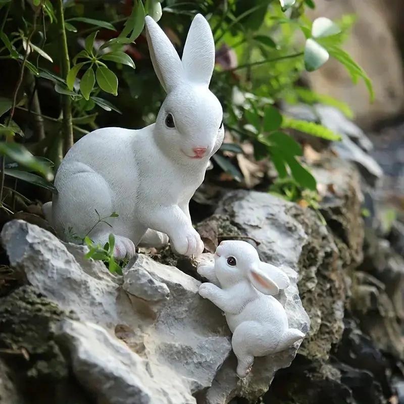 [1pc Funny Easter Bunny] 1pc Funny Easter Bunny Rabbit Mama And Baby Garden Statues With Flower Crowns | Easter Figurine Decorations For Home Garden Decor Outdoor Statues, Table Decorations by House Of Avana