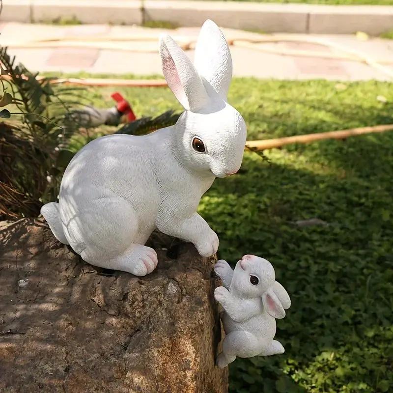 [1pc Funny Easter Bunny] 1pc Funny Easter Bunny Rabbit Mama And Baby Garden Statues With Flower Crowns | Easter Figurine Decorations For Home Garden Decor Outdoor Statues, Table Decorations by House Of Avana