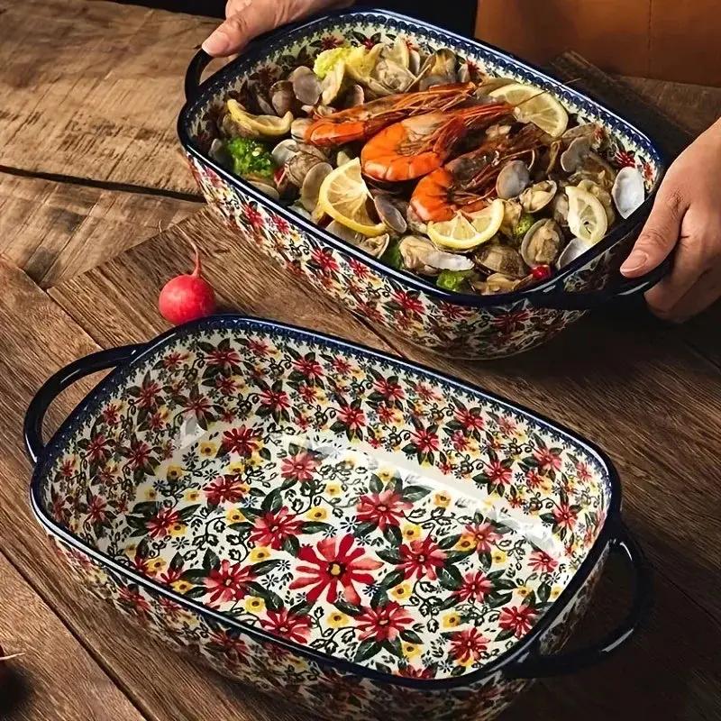 1pc Polish Ceramic Rectangular Baking Dish with Handles, Hand-Painted Embossed Floral Design, Versatile Salad/Rice/Cheese Plate for Home Kitchen by House Of Avana