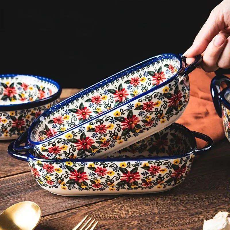 1pc Polish Ceramic Rectangular Baking Dish with Handles, Hand-Painted Embossed Floral Design, Versatile Salad/Rice/Cheese Plate for Home Kitchen by House Of Avana