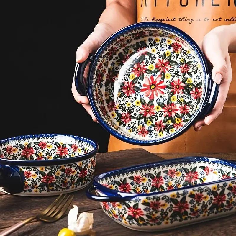 1pc Polish Ceramic Rectangular Baking Dish with Handles, Hand-Painted Embossed Floral Design, Versatile Salad/Rice/Cheese Plate for Home Kitchen by House Of Avana