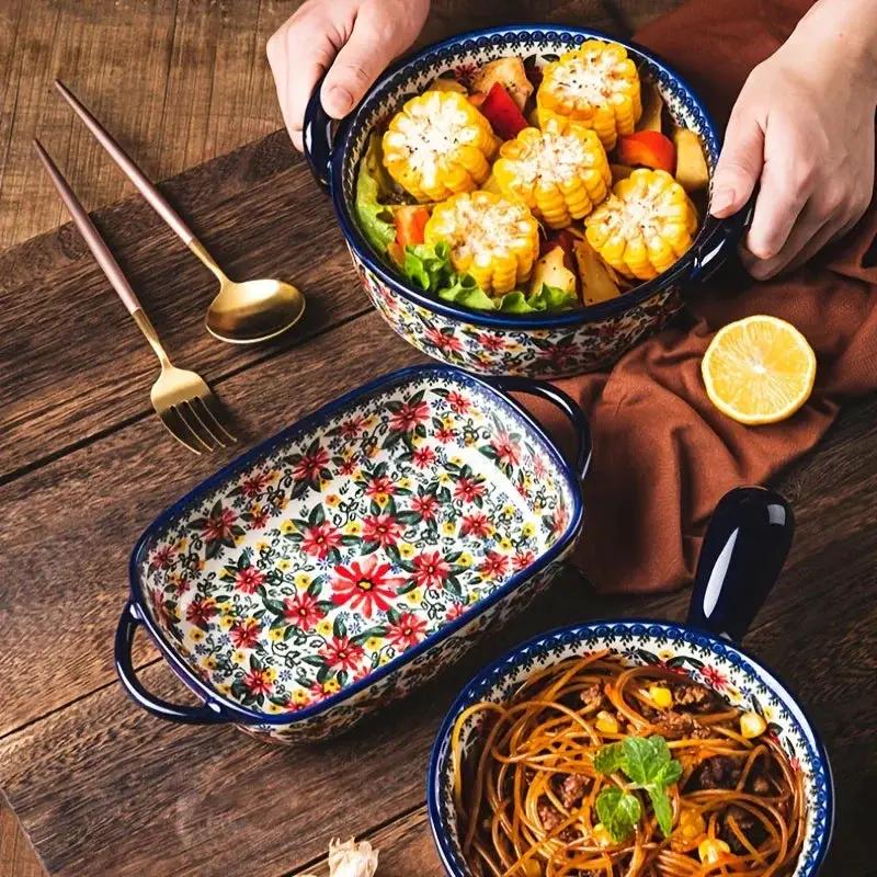 1pc Polish Ceramic Rectangular Baking Dish with Handles, Hand-Painted Embossed Floral Design, Versatile Salad/Rice/Cheese Plate for Home Kitchen by House Of Avana