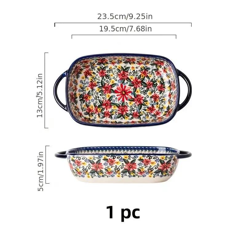 1pc Polish Ceramic Rectangular Baking Dish with Handles, Hand-Painted Embossed Floral Design, Versatile Salad/Rice/Cheese Plate for Home Kitchen by House Of Avana