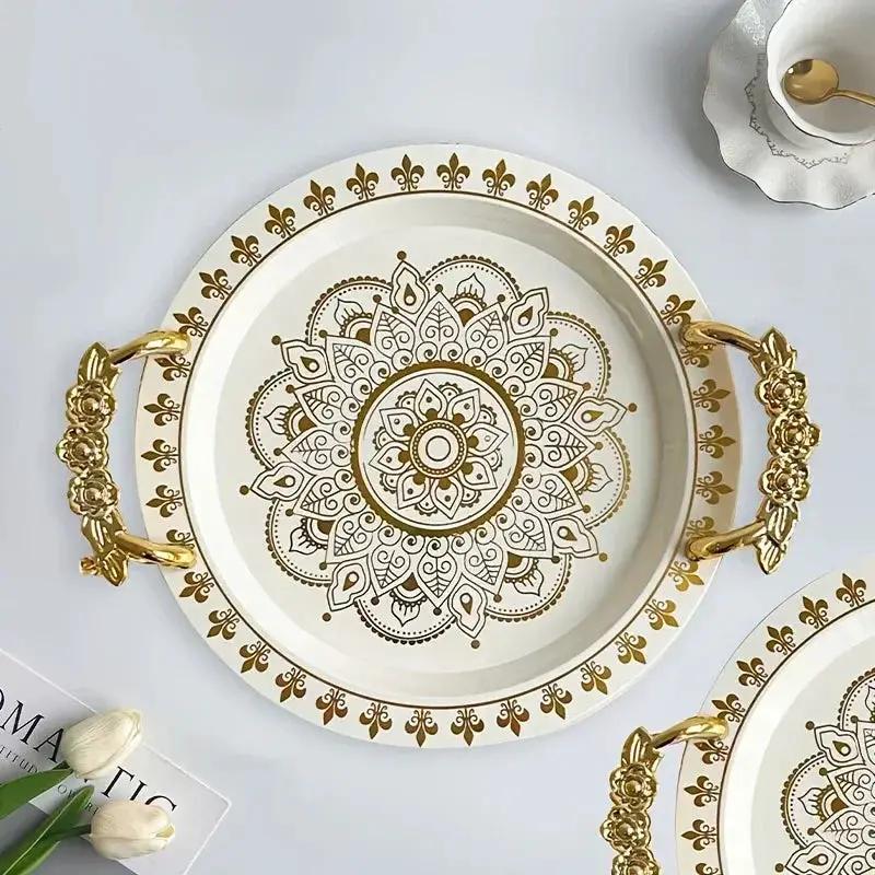 1pc Round Golden Embossed White Tray, Home Fruit Plate, Tea Tray, European Breakfast Tray, Round Wide-Edge Tray with Handles by House Of Avana