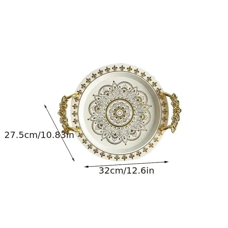 1pc Round Golden Embossed White Tray, Home Fruit Plate, Tea Tray, European Breakfast Tray, Round Wide-Edge Tray with Handles by House Of Avana