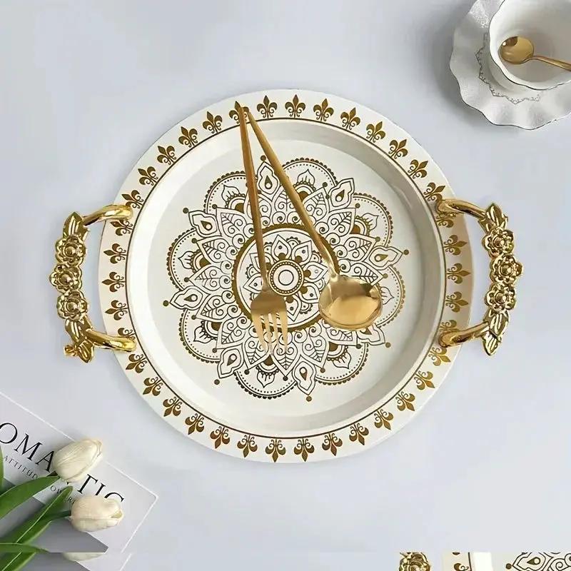 1pc Round Golden Embossed White Tray, Home Fruit Plate, Tea Tray, European Breakfast Tray, Round Wide-Edge Tray with Handles by House Of Avana