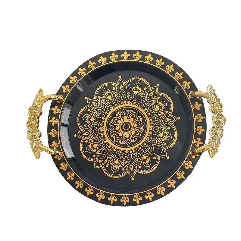 1pc Round Golden Embossed White Tray, Home Fruit Plate, Tea Tray, European Breakfast Tray, Round Wide-Edge Tray with Handles by House Of Avana