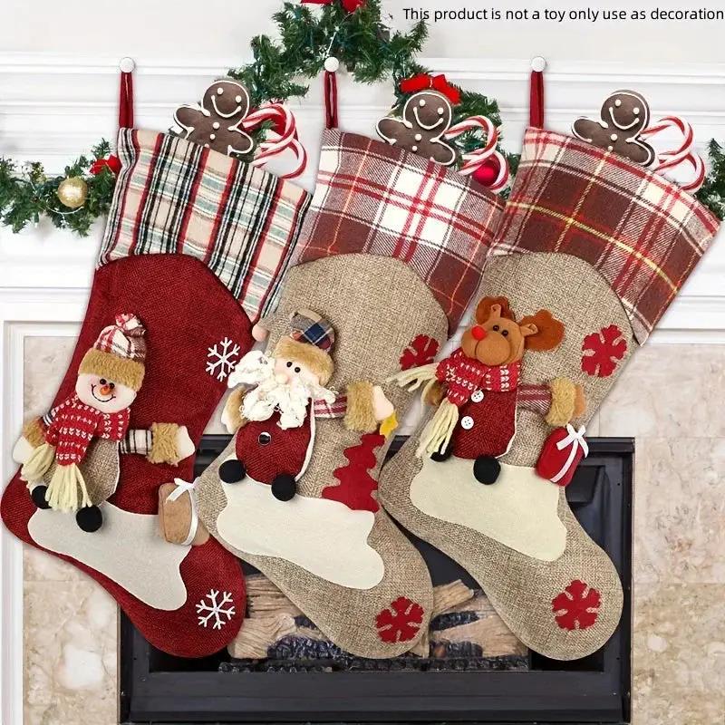 1pc/3pcs Classic Christmas Stocking Set, Polyester Hanging Holiday Decor with Santa, Snowman, Reindeer, Fantasy Themed, No Electricity Required, Festive Home & Party Decorations by House Of Avana
