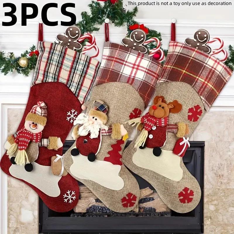1pc/3pcs Classic Christmas Stocking Set, Polyester Hanging Holiday Decor with Santa, Snowman, Reindeer, Fantasy Themed, No Electricity Required, Festive Home & Party Decorations by House Of Avana