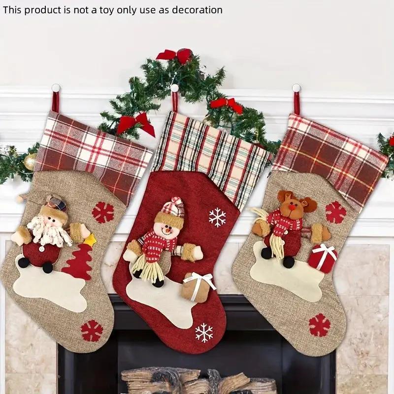 1pc/3pcs Classic Christmas Stocking Set, Polyester Hanging Holiday Decor with Santa, Snowman, Reindeer, Fantasy Themed, No Electricity Required, Festive Home & Party Decorations by House Of Avana