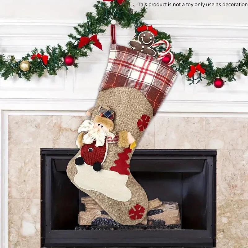 1pc/3pcs Classic Christmas Stocking Set, Polyester Hanging Holiday Decor with Santa, Snowman, Reindeer, Fantasy Themed, No Electricity Required, Festive Home & Party Decorations by House Of Avana