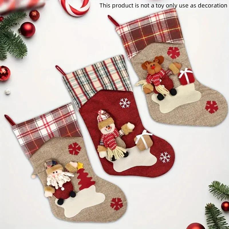 1pc/3pcs Classic Christmas Stocking Set, Polyester Hanging Holiday Decor with Santa, Snowman, Reindeer, Fantasy Themed, No Electricity Required, Festive Home & Party Decorations by House Of Avana